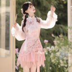 Women Spring Pink Qipao Set Cute-Style Dress